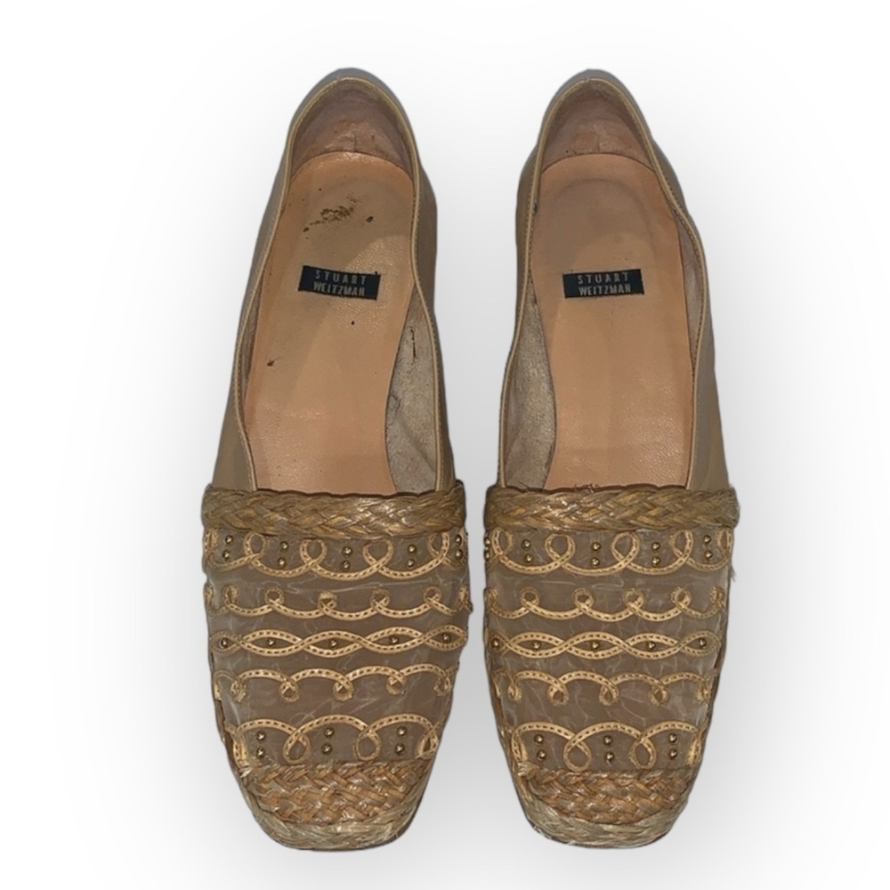 Stuart Weitzmann Boho Beige Gold Mini stud Braided Espadrilles size 8